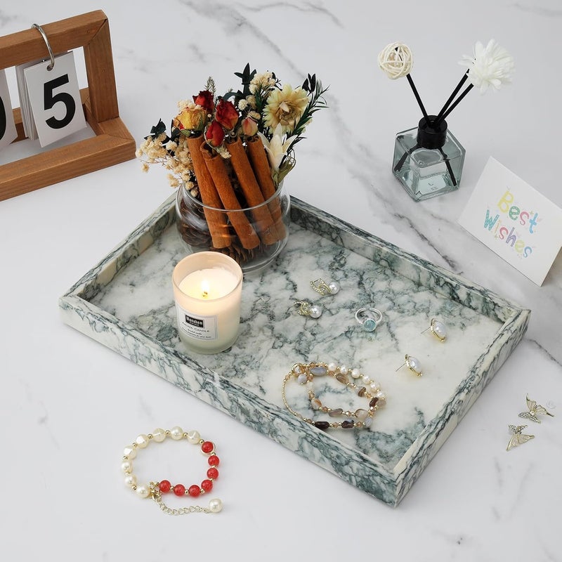 MULWR Marble Bathroom Tray,Pure Natural Vanity Tray,Marble Tray for Kitchen Counter Non-Ceramic/Non-Resin,Stone Trays 12 x 8 inch Cyan Green - Image 2